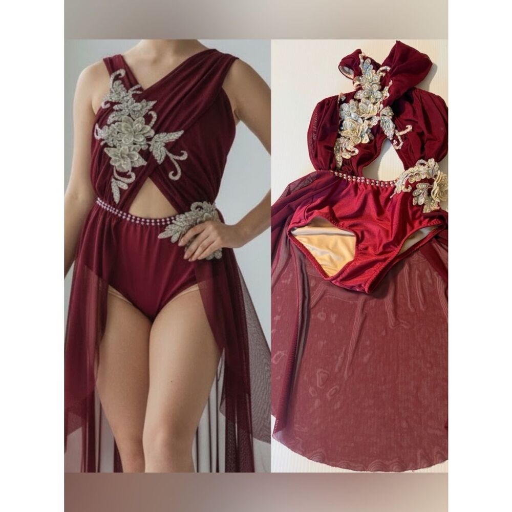 Glamour solo dance costume red lyrical leotard dress MC-Medium child